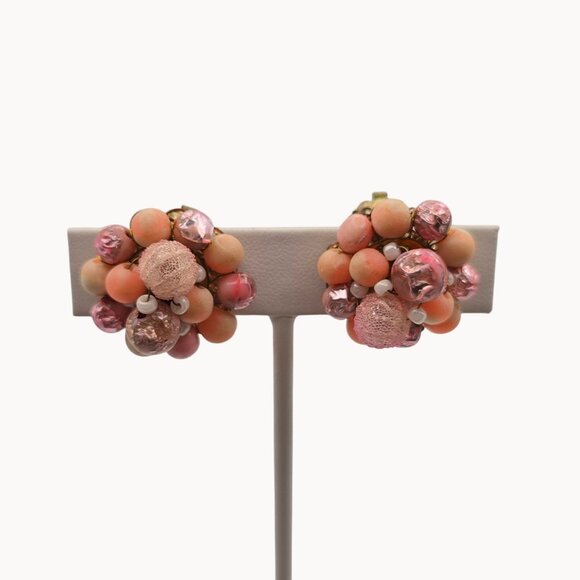 Unbranded Jewelry - Vintage Pink/White Gold-Tone Clip-On Beaded Cluster Fashion Jewelry Earrings